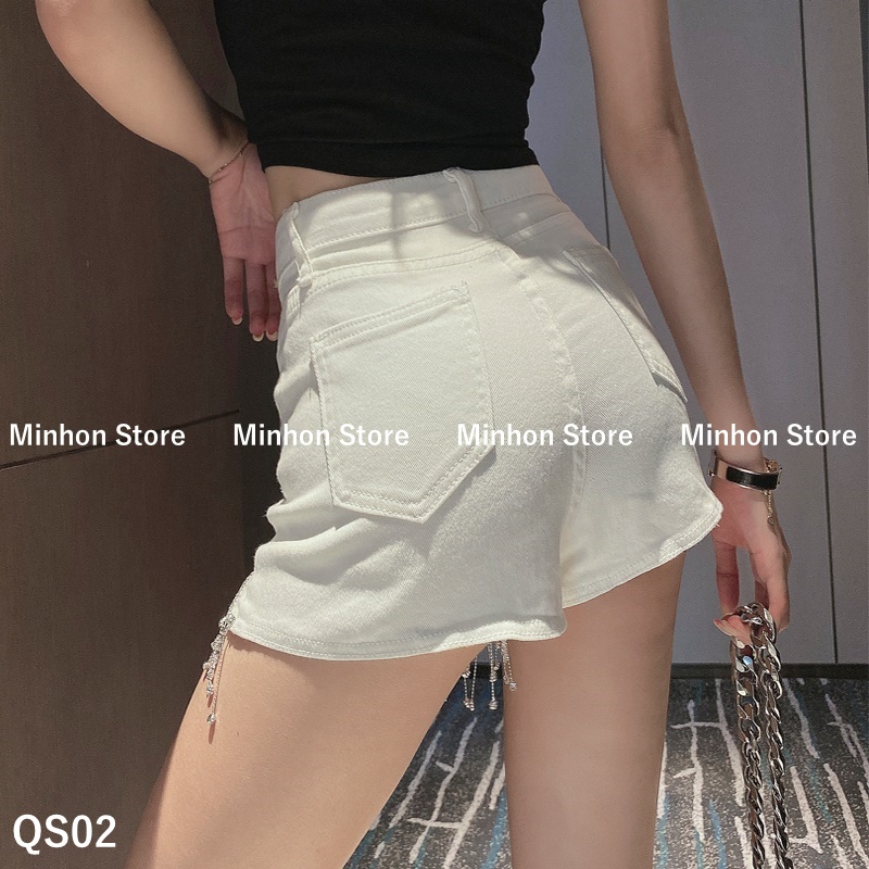 Quần Short Jean Nữ Đính Đá Gấu Tua Rua Quyến Rũ