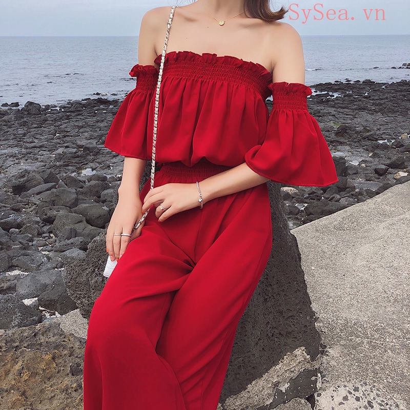 Set áo trễ vai và quần ống rộng kiểu dáng thời trang cho nữ