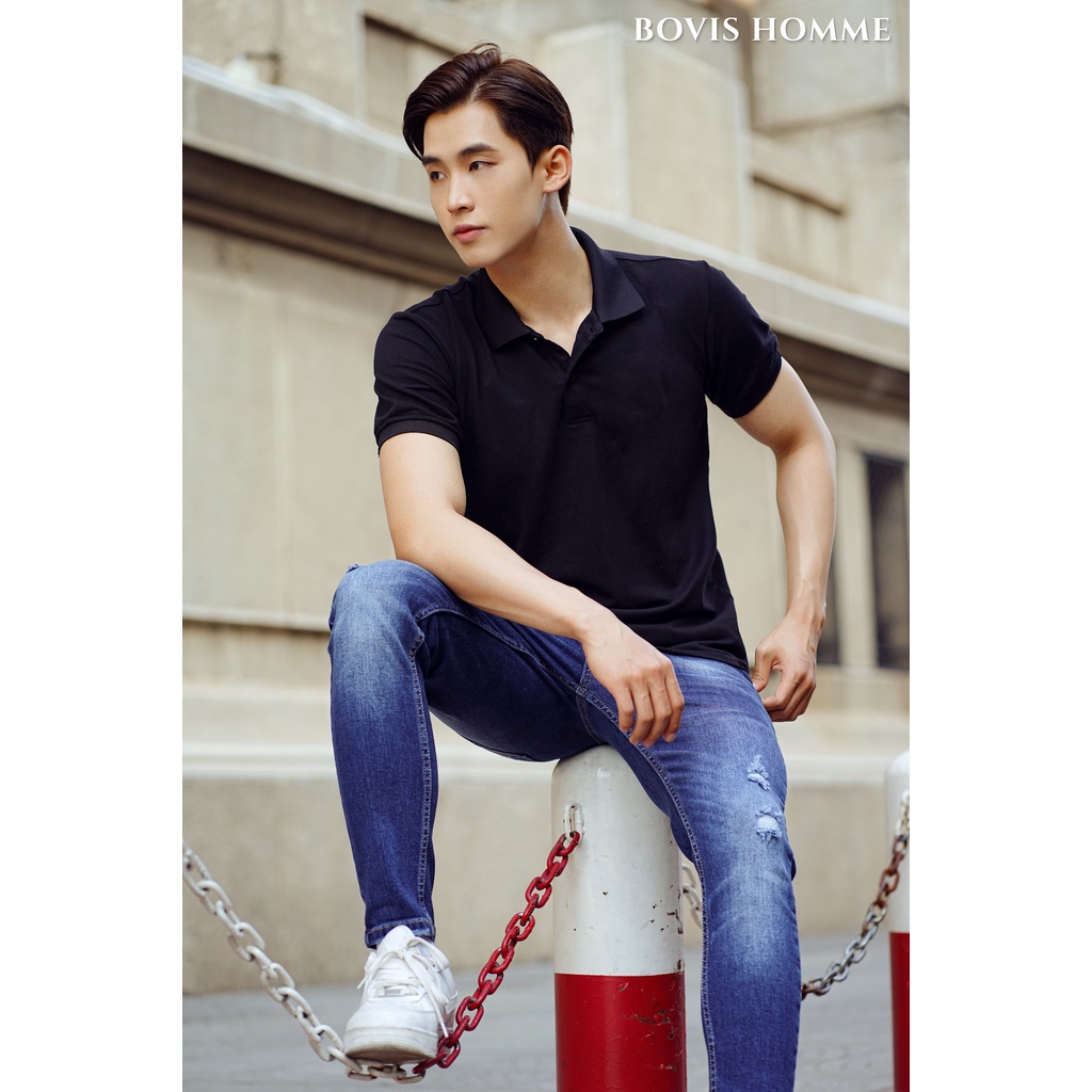 Áo Polo nam trơn Bovis Homme, mã PL013, màu đen, phom Slim-Fit vừa vặn giúp ôm dáng, chất vải chống nhăn