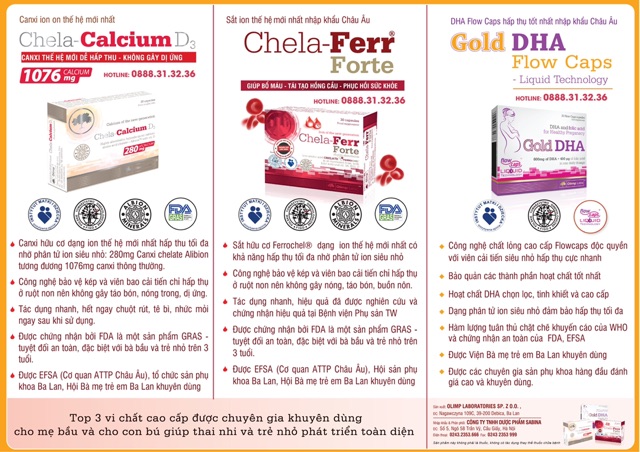 COMBO Chela Canxi D3 - Chela Sắt - Gold DHA - Bổ sung vi chất cho mẹ bầu và sau sinh