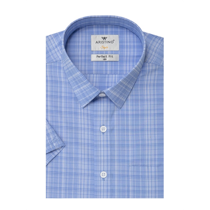 [MẪU MỚI] Áo sơ mi nam ngắn tay ARISTINO dáng Perfect fit suông vừa, họa tiết xanh kẻ trắng lịch lãm - ASS143S1