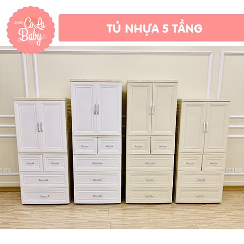 [có sẵn, ship rẻ, mã giảm giá] Tủ nhựa 5 tầng màu trắng, kem đựng quần áo cho bé