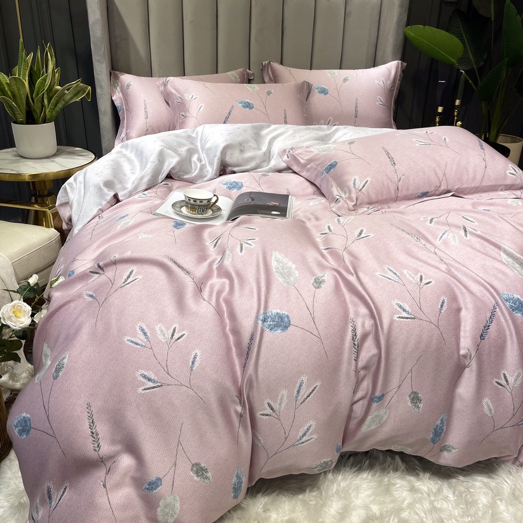 Bộ chăn ga gối 5 món cao cấp 100% Tencel 60s Họa tiết Cây bông lau in kỹ thuật số,chất liệu mềm mát