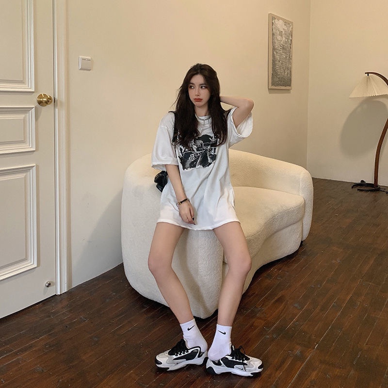 Áo Thun Ngắn Tay Cổ Tròn Dáng Rộng In Họa Tiết Thời Trang Hàn Quốc Cho Nữ