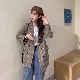 Áo vest nữ dạ kẻ, áo blazer nữ kẻ kiểu Hàn quốc dáng rộng