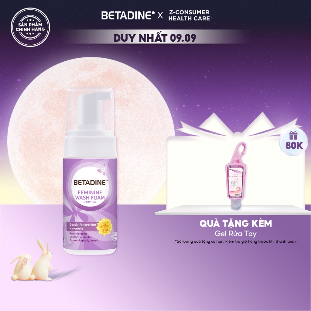 Bọt vệ sinh phụ nữ Betadine Feminine Wash Foam Daily Use Gentle Protection Immortelle 100ml