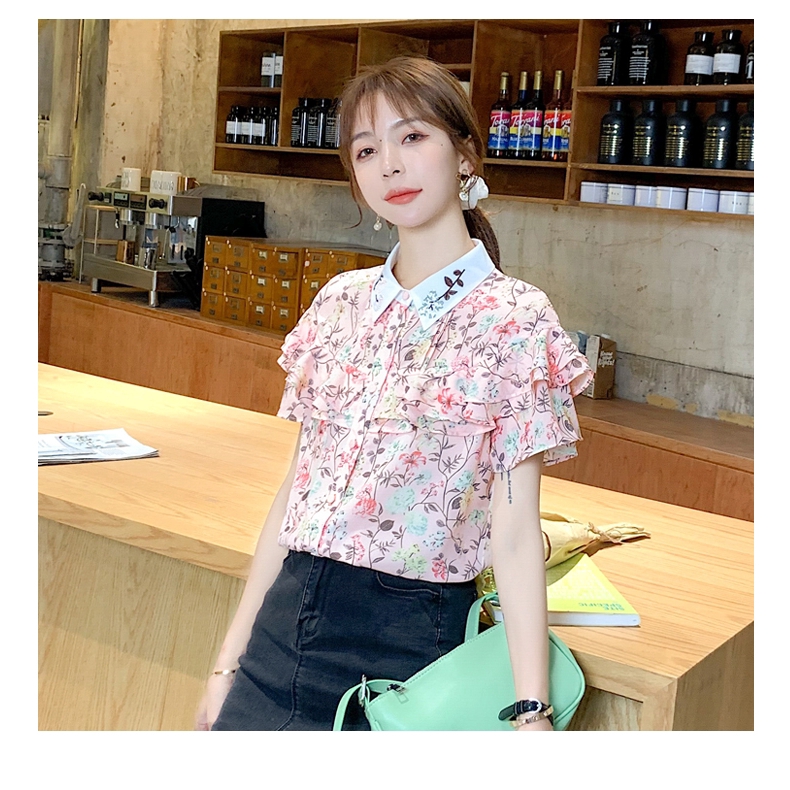 2020 New Chiffon Fashionable Korean Pink Floral Summer Short Sleeve Women Blouse Tops