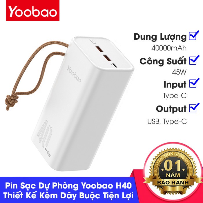 Pin sạc dự phòng Yoobao H40, dung lượng 40000mAh, công suất 45W sạc nhanh cho điện thoại, macbook, laptop