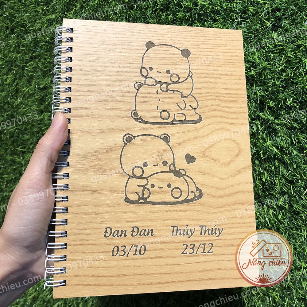 Nhật ký Tình bạn - Sổ tay Notebook khắc hình cặp gấu trúc dễ thương và khắc tên theo yêu cầu