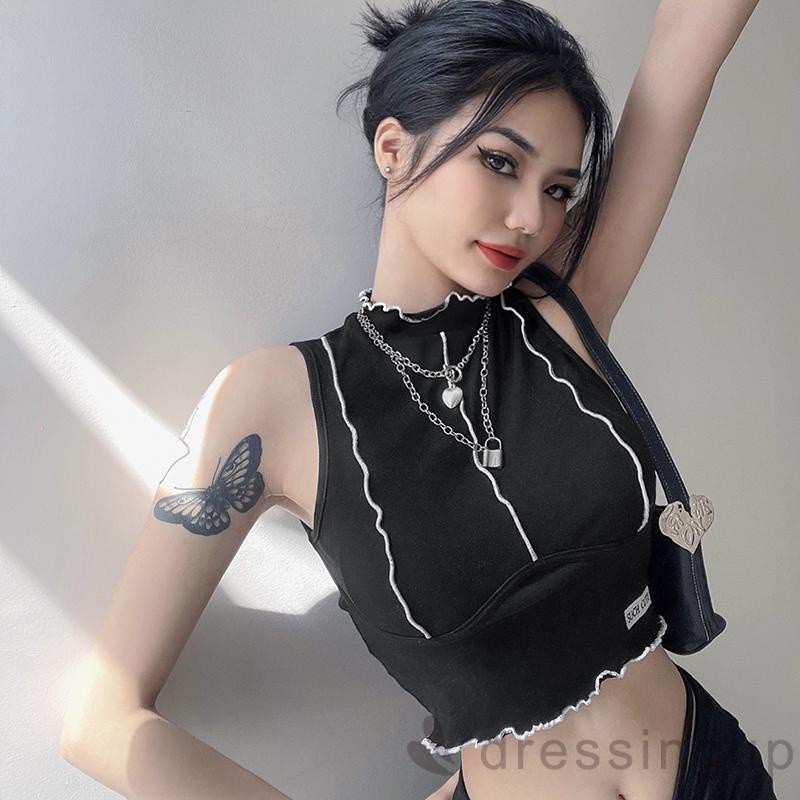 Áo Croptop Không Tay Thêu Chữ Phối Màu Tương Phản Dành Cho Nữ | BigBuy360 - bigbuy360.vn
