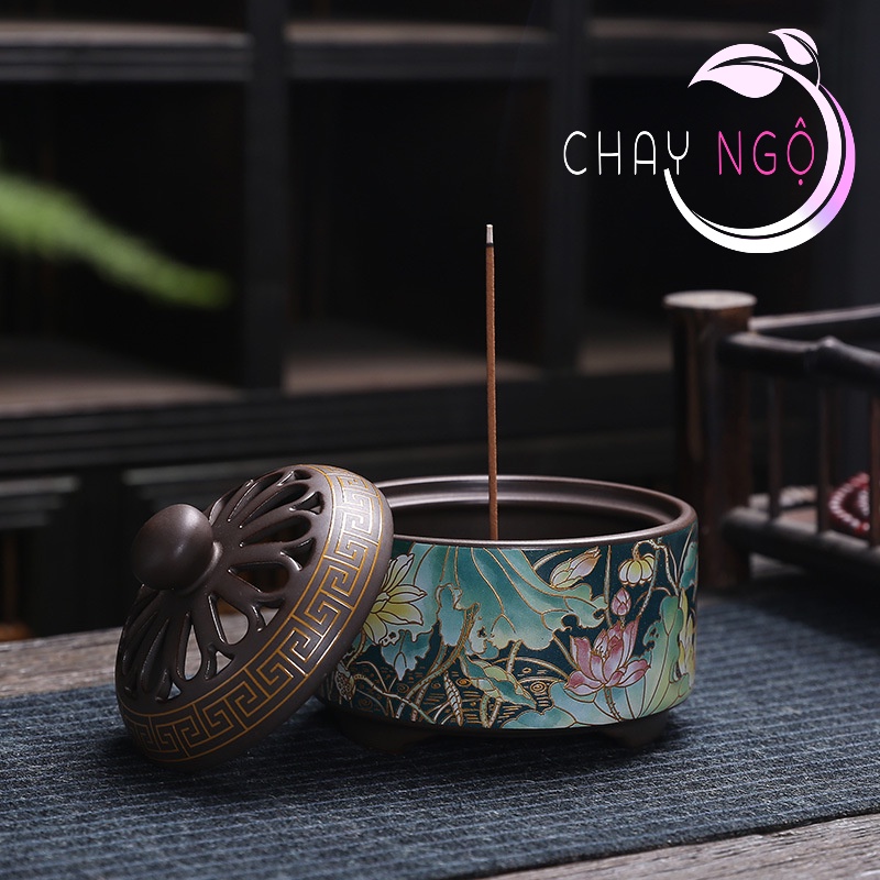 Lư Xông Trầm Hương Đỉnh đốt nhang bằng gốm sứ cao cấp có hoa văn chạm khắc - Lư bầu họa tiết
