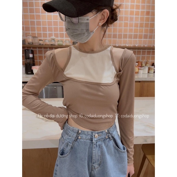 Áo Kiểu Nữ Dài Tay Vạt Bầu ❤áo Thun Nữ Hàn Quốc Phối Màu Hở Vai Ôm Body Sexy