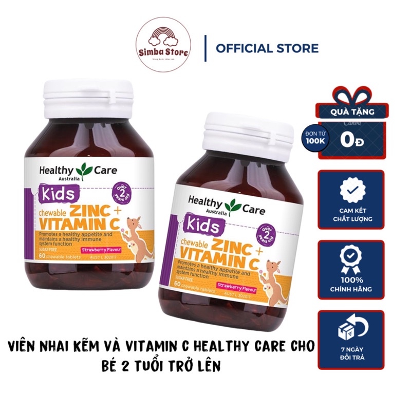 Viên nhai bố sung kẽm cho bé Healthy Care Zinc + Vitamin C của úc 60 viên cho trẻ từ 2 tuổi tăng đề kháng hiệu quả