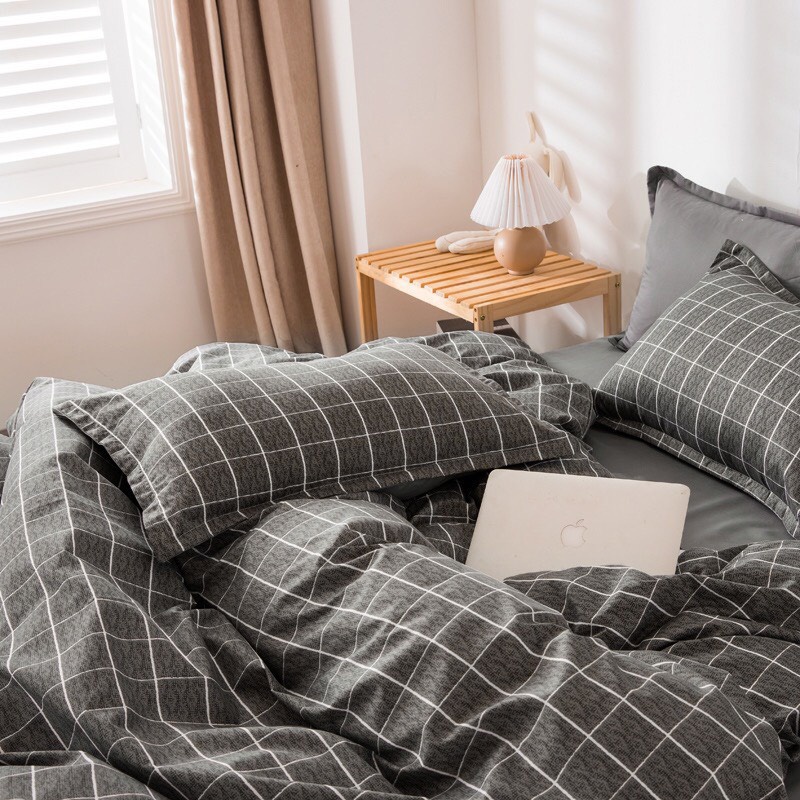 Bộ chăn ga gối Cotton poly M2T bedding gồm vỏ chăn mền, drap ga giường và 2 vỏ gối nằm - PL kẻ dạ