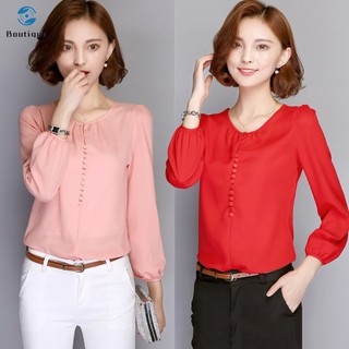 Áo chiffon dài tay cổ tròn đơn giản cho nữ