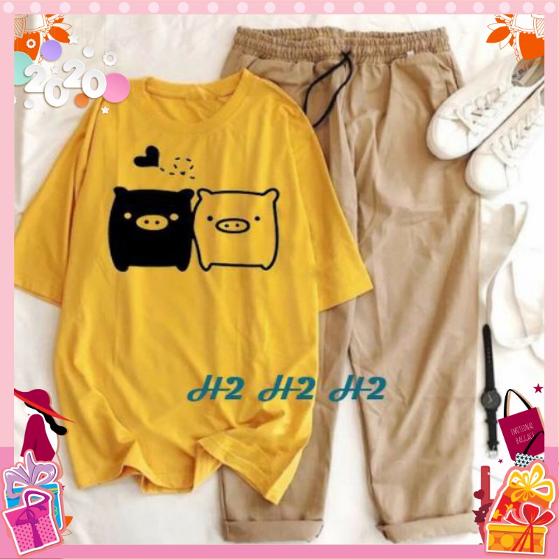 Sét Bộ Đồ Nữ Mặc Đi Chơi Dạo Phố Ngắn Tay Mùa Hè, Áo Phông Cotton In Lợn Trắng Đen+Quần Jogger Kaki Phong Cách Hàn Quốc