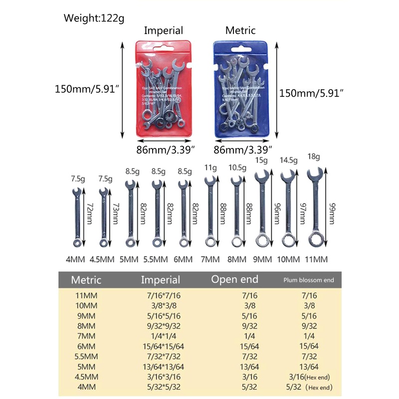 Set 10 Cờ Lê Mini 4-11mm Bằng Thép Các Bon Chất Lượng Cao