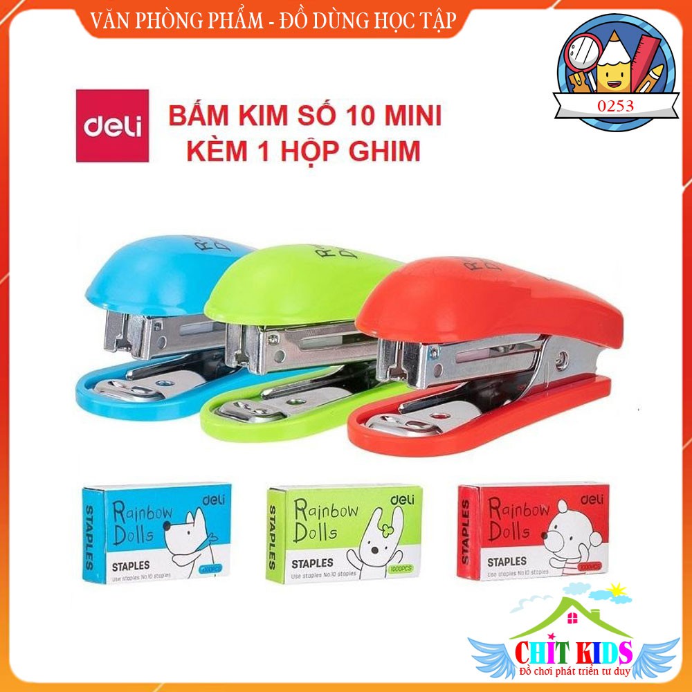 Dập gim mini số 10 Deli 0253 kèm 1 hộp kim bấm 1000 cái