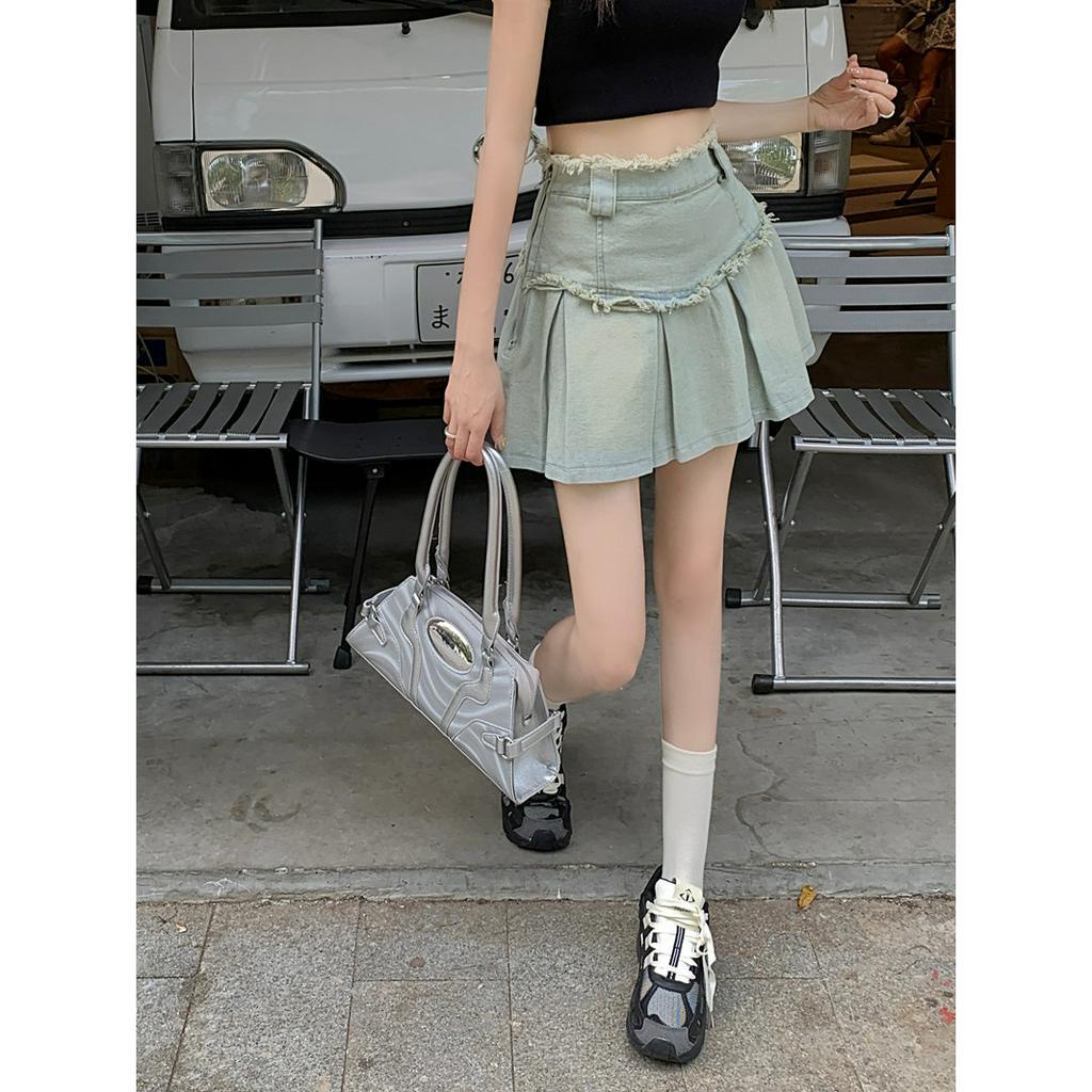 Lalisas Chân váy jean Ngắn Xếp Ly Lưng Cao Phong Cách retro Mỹ Cho Nữ