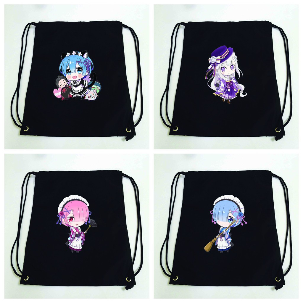 Balo dây rút đen in hình RE:ZERO Bắt Đầu Lại Ở Thế Giới Khác anime chibi túi rút đi học xinh xắn thời trang