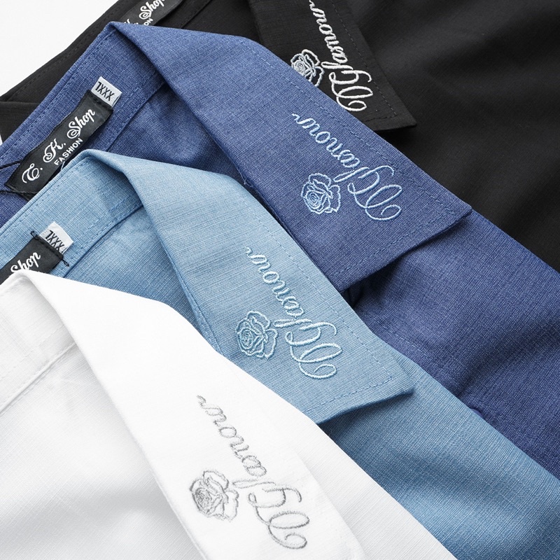 Áo sơ mi nam tay dài co giãn vải bố cao cấp thêu chữ tiệp màu