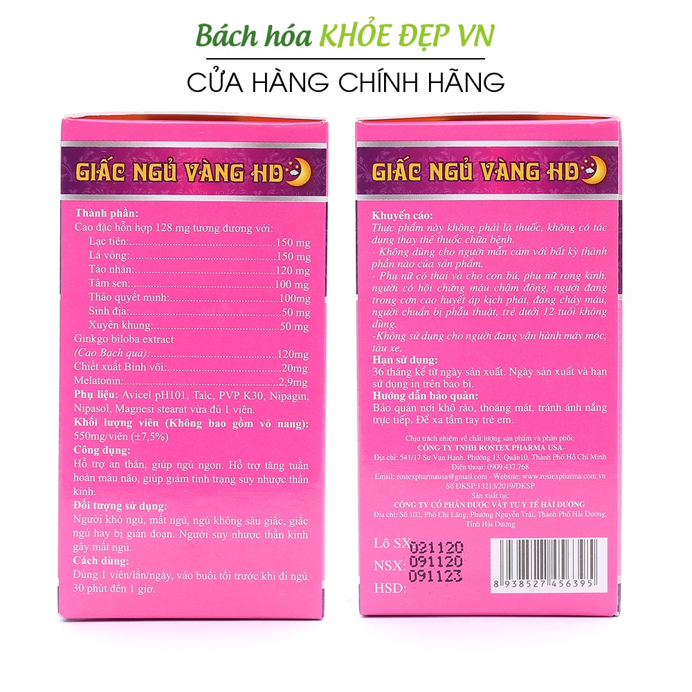 Viên uống ngủ ngon thảo dược giảm stress mất ngủ, dưỡng tâm an thần - 30 viên [Giấc Ngủ Vàng HD Hồng]