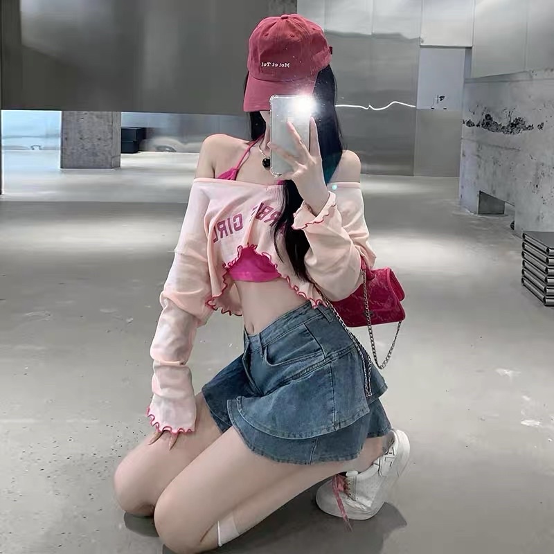 set áo len croptop kèm áo yếm sexy barbie girl (2076#)