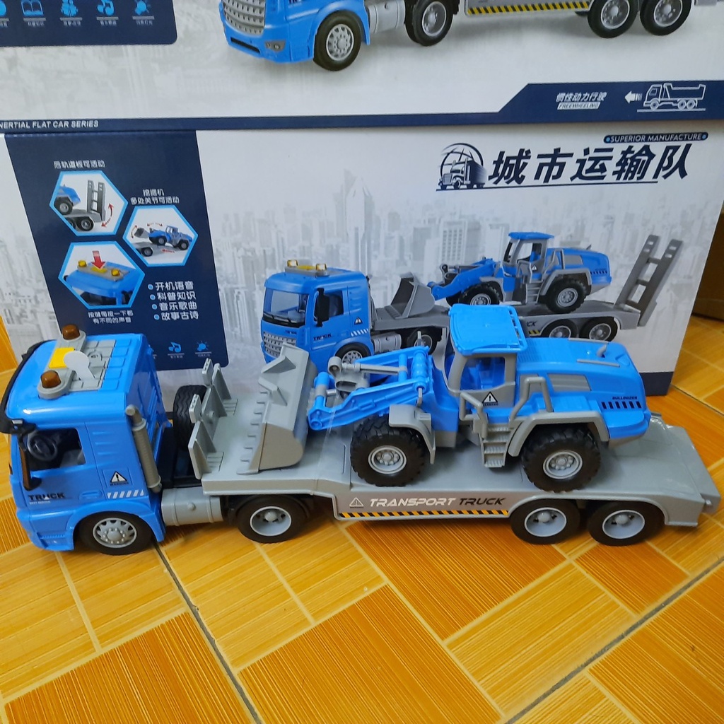 Bộ xe công trình đồ chơi trẻ em gồm xe đầu kéo chở xe xúc ủi bằng nhựa ABS có âm thanh và đèn