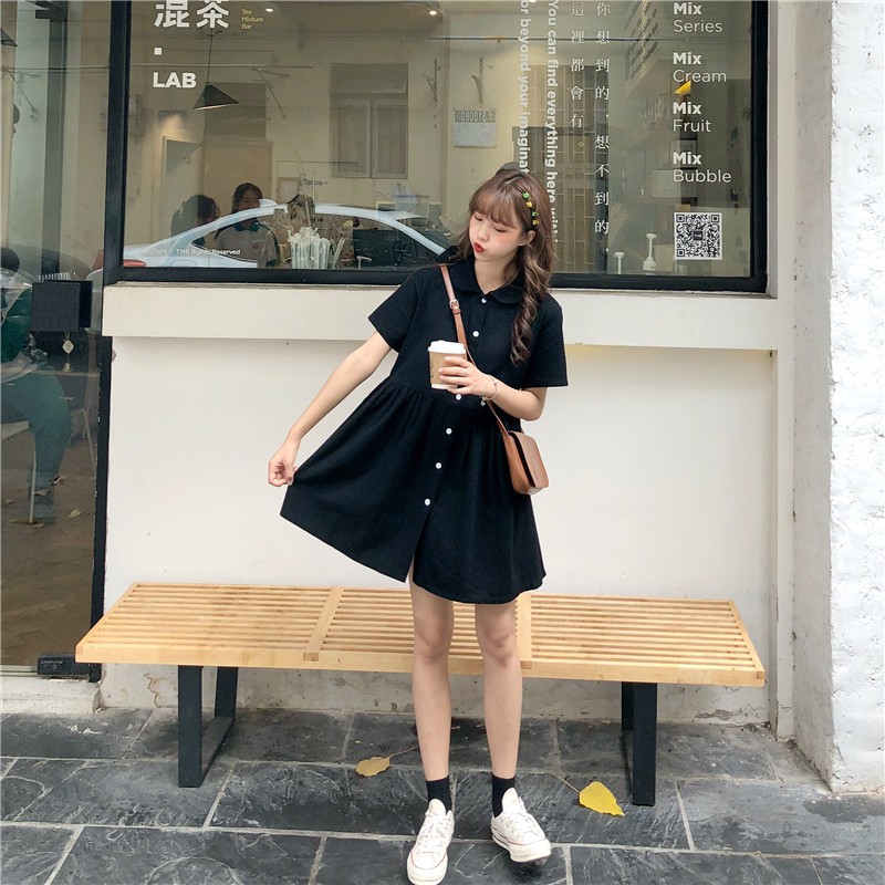 Xiaozhainv Đầm tay ngắn màu trơn phong cách Hàn quốc | BigBuy360 - bigbuy360.vn
