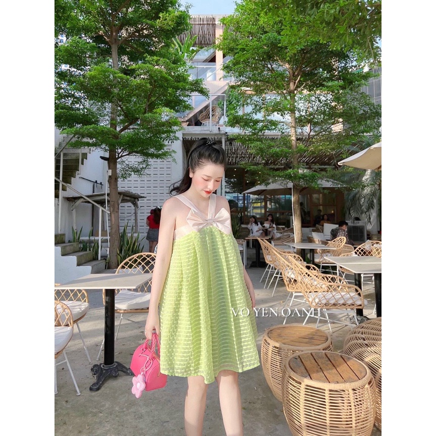 Sét Đũi Xốp Ô Vuông Nhỏ Dây Nơ Đen Váy Babydoll Ngắn Trên Gối, Chất Xốp Y Hình 100% Xinh Xắn