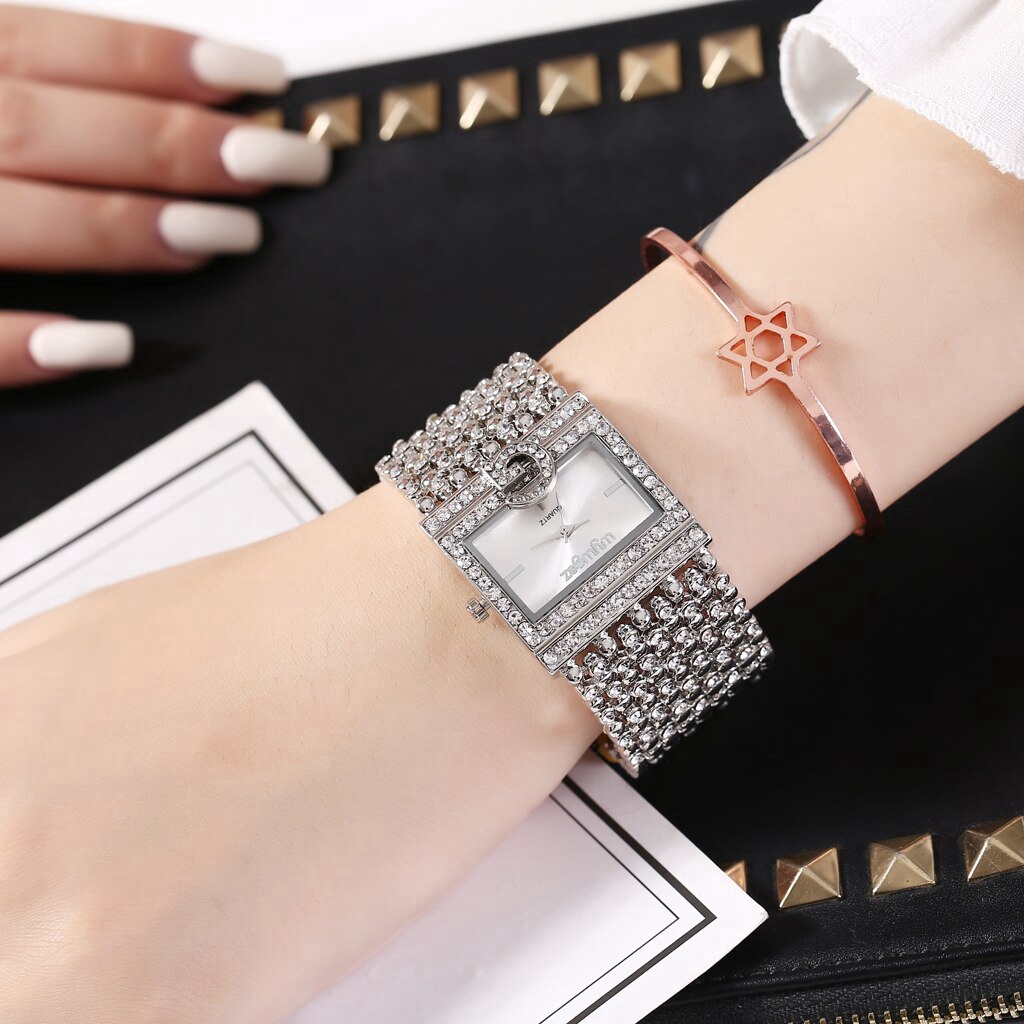 Đồng hồ đeo tay bộ máy thạch anh mặt dáng vuông đính đá lấp lánh dây đeo thép không gỉ sang trọng thời trang cho nữ
