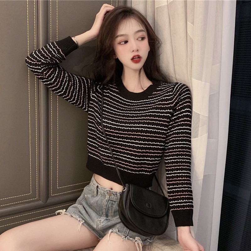 Áo thun sweater Hàn Quốc dài tay sọc trắng đen dành cho nữ