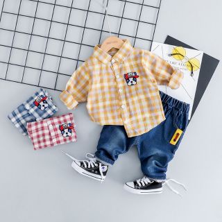 Bộ sơ mi caro kèm quần jean cao cấp sz 8-18kg