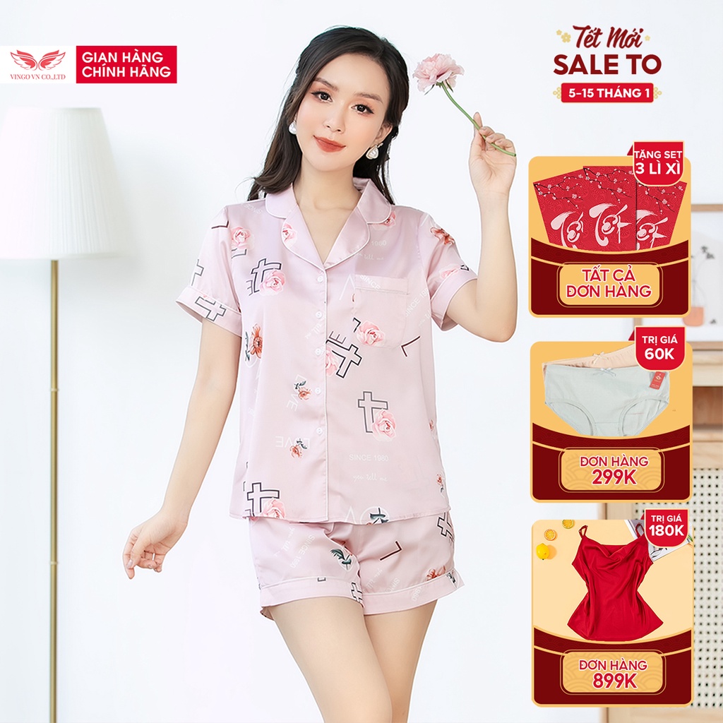 Bộ Đồ Ngủ Pyjama Mặc Nhà VINGO Nữ Lụa Pháp Cao cấp tay Cộc Quần Cộc Họa Tiết Hoa Hồng Chữ Love H419 VNGO - TCQC