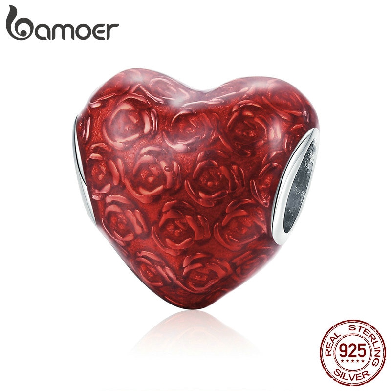 Hạt Charm Bamoer SCC1064 Hình Trái Tim Màu Đỏ Hoa Hồng Dùng Làm Trang Sức Valentine Bằng Chất Liệu Bạc 925 Thật