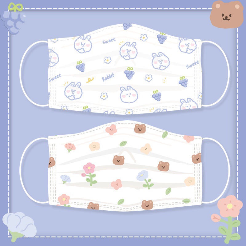 Set 150 Khẩu Trang 3 Lớp Dùng Một Lần In Họa Tiết Thỏ / Gấu Dễ Thương 000