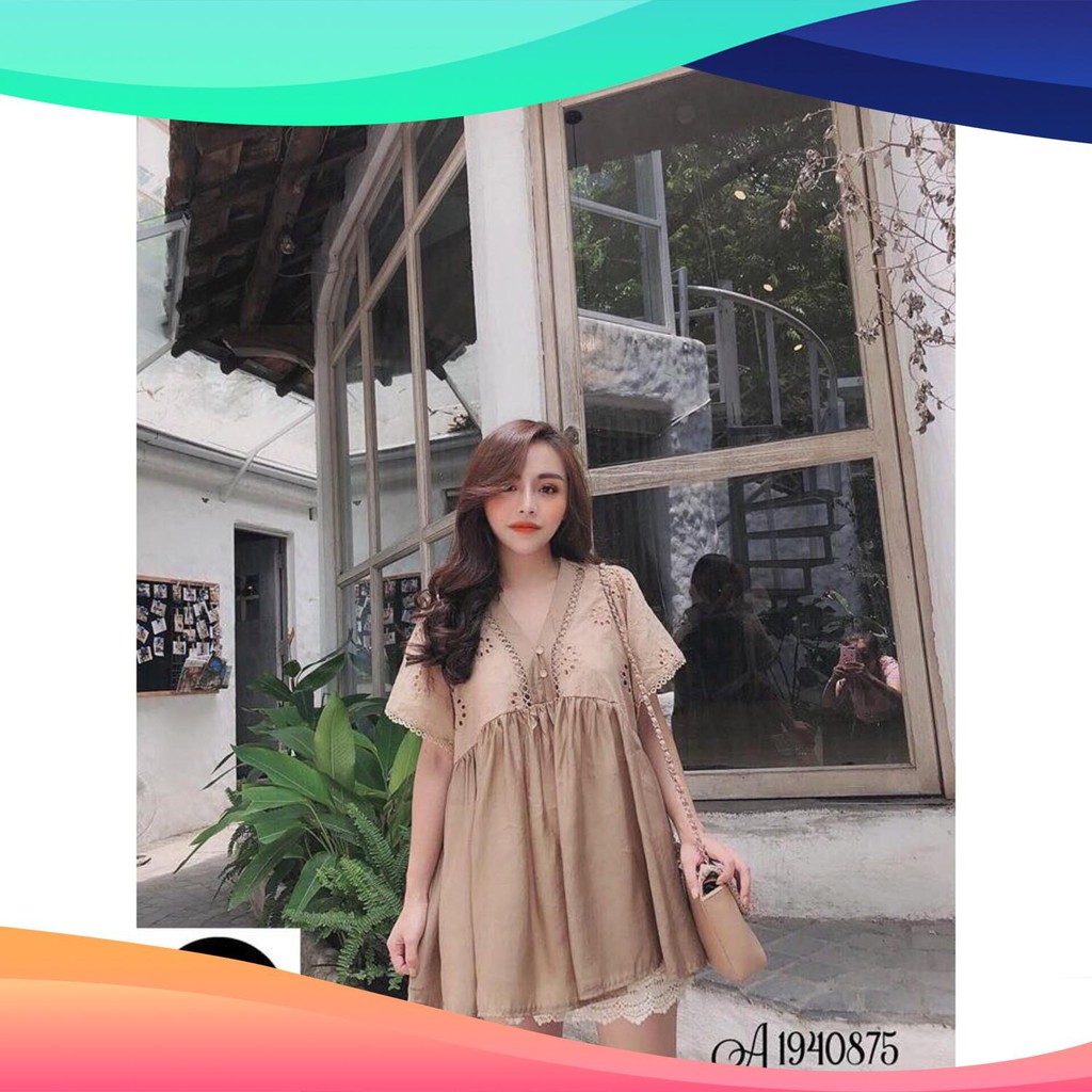 Áo babydoll tay ngắn màu nâu vải xô tay viền thêu_Hàng cao cấp có sẵn_Ảnh thật