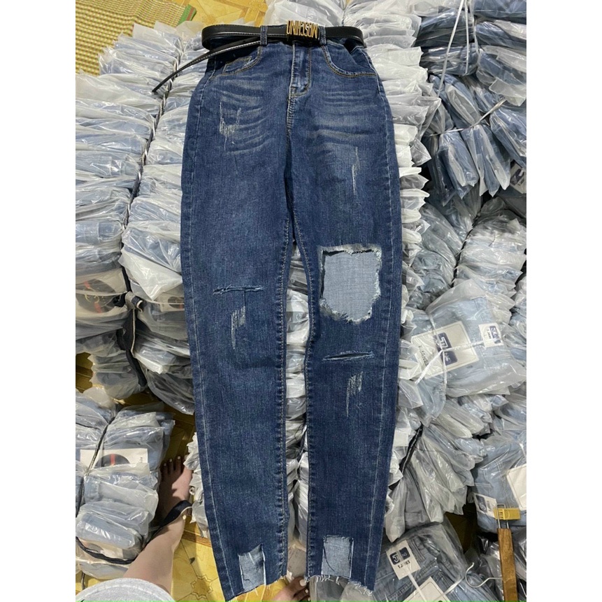 Quần jean nữ lưng cao rách gối co giãn - Quần bò nữ cạp cao rách gối dáng ôm chất jeans đẹp cao cấp Senorita
