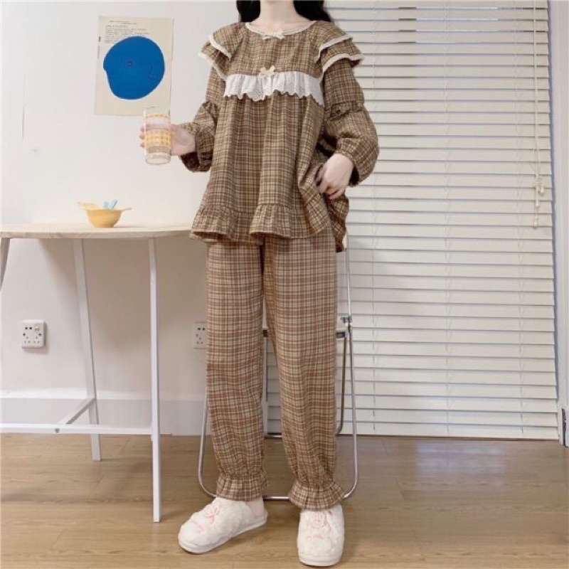 BỘ / VÁY MẶC NHÀ ULZZANG KẺ CARO NÂU BÈO NGỰC rẻ nhất shopee