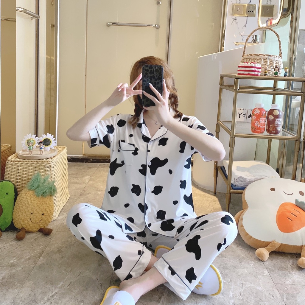 Pyjama tay ngắn quần dài cho các bạn gái mặc nhà, chất liệu thô mềm thoải mái | Shini Store