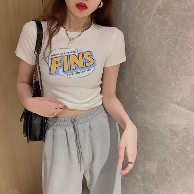 WANG JIAO ZHAN Áo croptop in chữ phong cách Hàn Quốc cho nữ