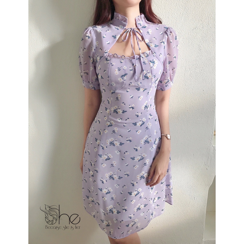 Váy tiểu thư cột nơ She, đầm hoa nhí cột nơ dễ thương xinh xắn đi chơi SDX131