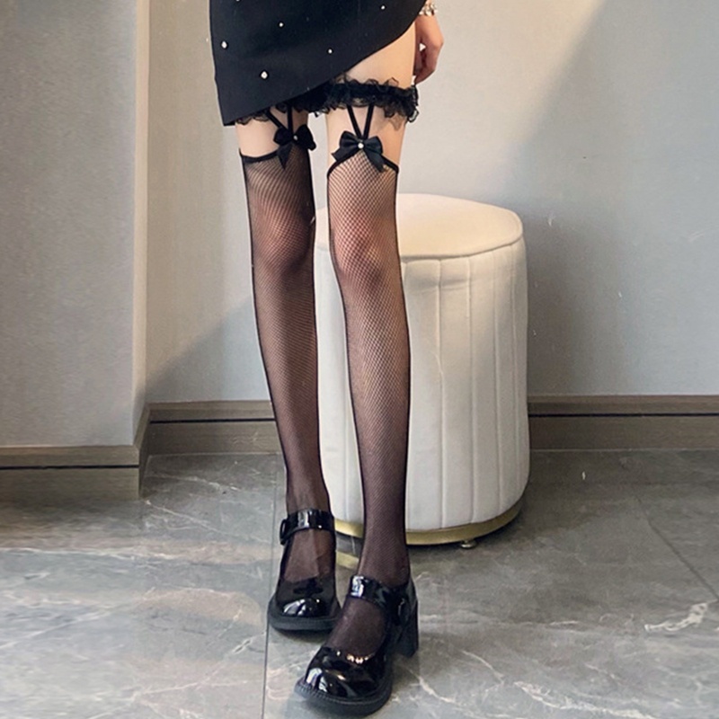 Vớ lưới dài qua gối đính nơ phong cách Harajuku cho nữ 10MK
