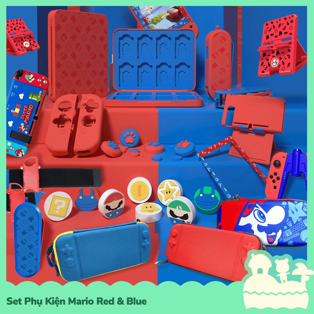 [Sẵn VN] Set Phụ Kiện Mario Red & Blue Túi Đựng Máy, Hộp Băng Game, Case Ốp Lưng, Bọc Joycon, Analog, Grip, Đồ Kê