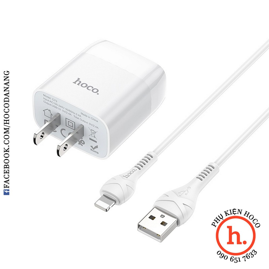 Bộ sạc nhanh  hoco c72 18w qc3 c73 kèm cáp 2 cổng usb lightning iphone micro usb type-c 1m đen trắng [phụ kiện hoco