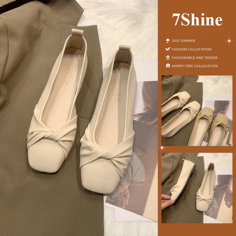 Giày bệt búp bê nữ mũi vuông da bóng thiết kế nơ xoắn thời trang - 7Shine