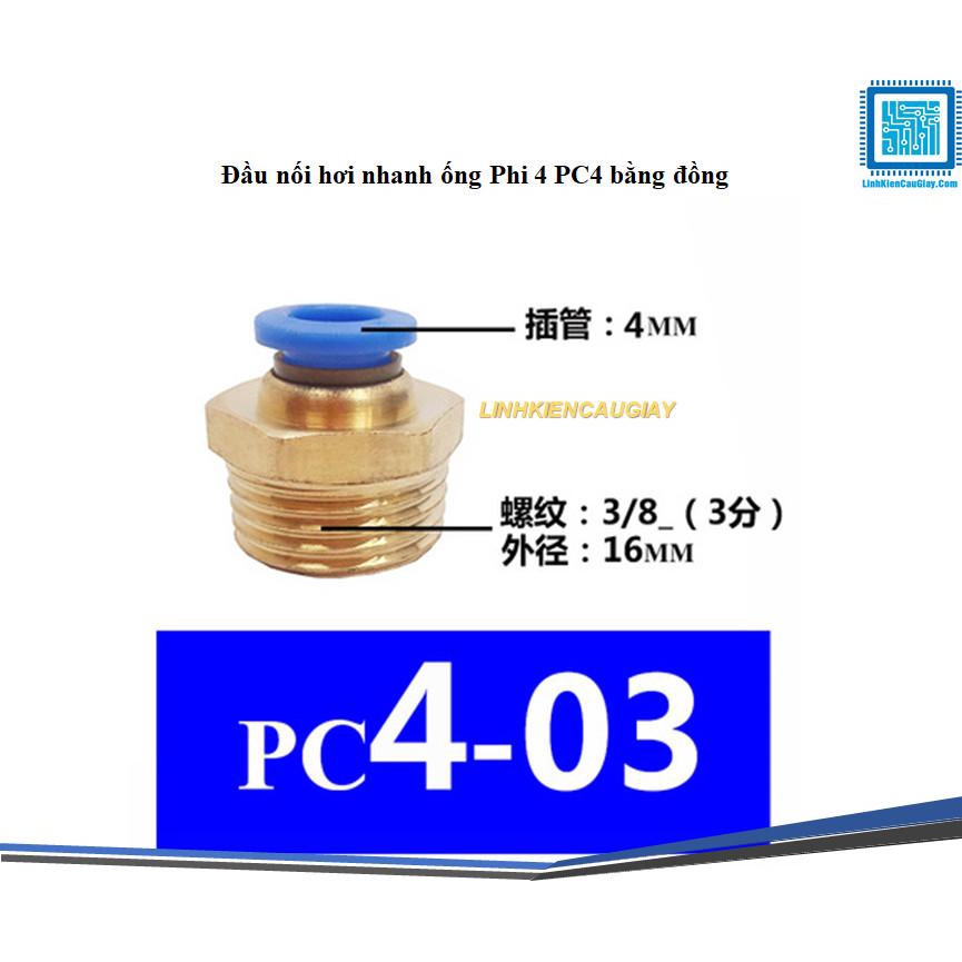 Đầu nối hơi nhanh ống Phi 4 PC4 bằng đồng