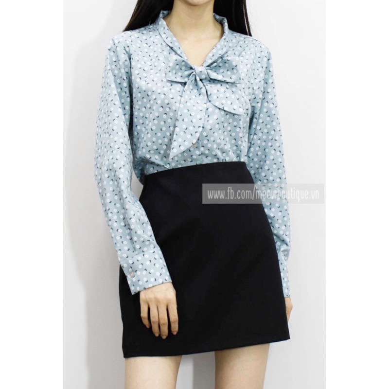 [Mã FATHANG5 giảm 10K đơn 50K] [Hình thật tự chụp] Sơ mi tay dài cổ nơ họa tiết Meow Boutique
