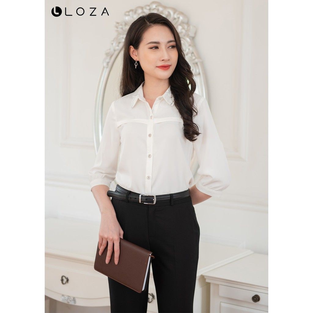 [Mã BMBAU50 giảm 50K đơn 150K] Áo sơ mi trắng nữ cổ đức phối nơ tay lửng LOZA LS1382