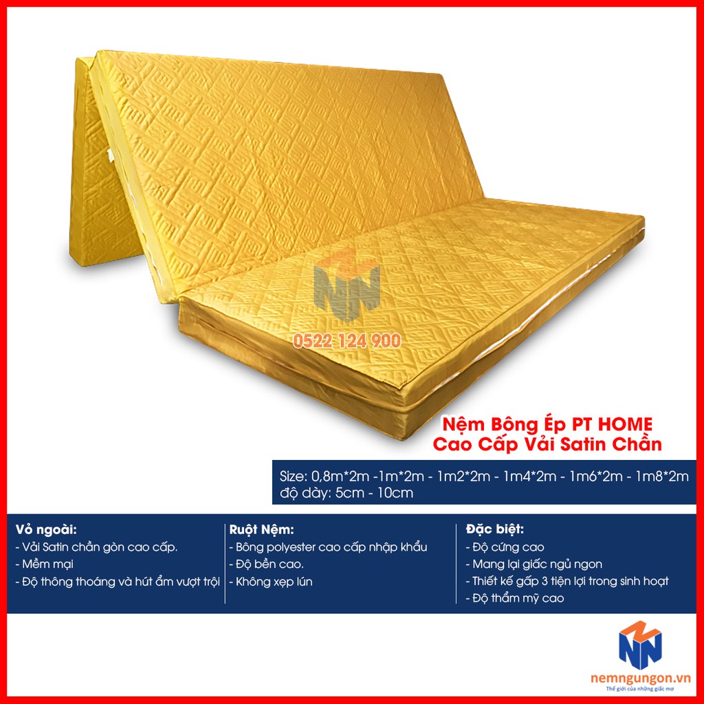 Nệm bông ép gấp 3 cao cấp PT Home - Vải Satin chần gòn - Dày 5cm - Phạm Thanh [Đủ size] - Bảo hành 10 năm